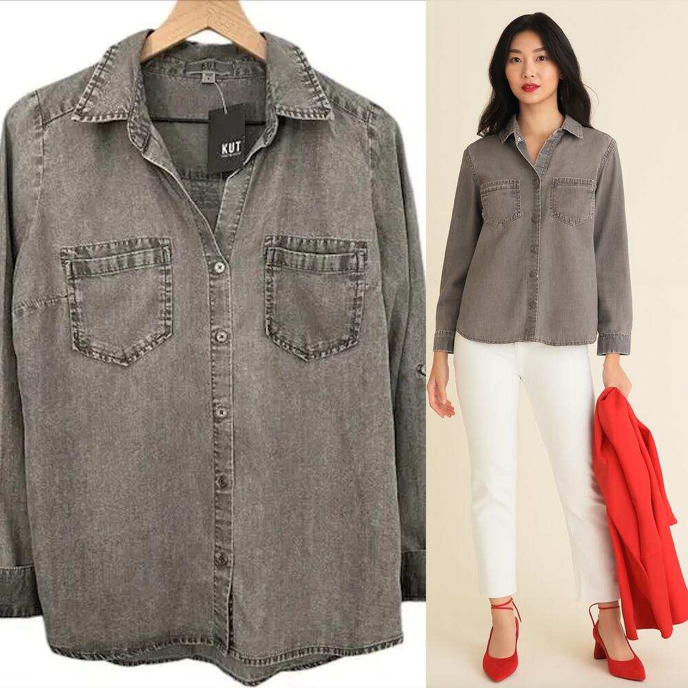 NORDSTROM Kut from the Kloth Gray Wash Denim Button Up Shirt – Medium